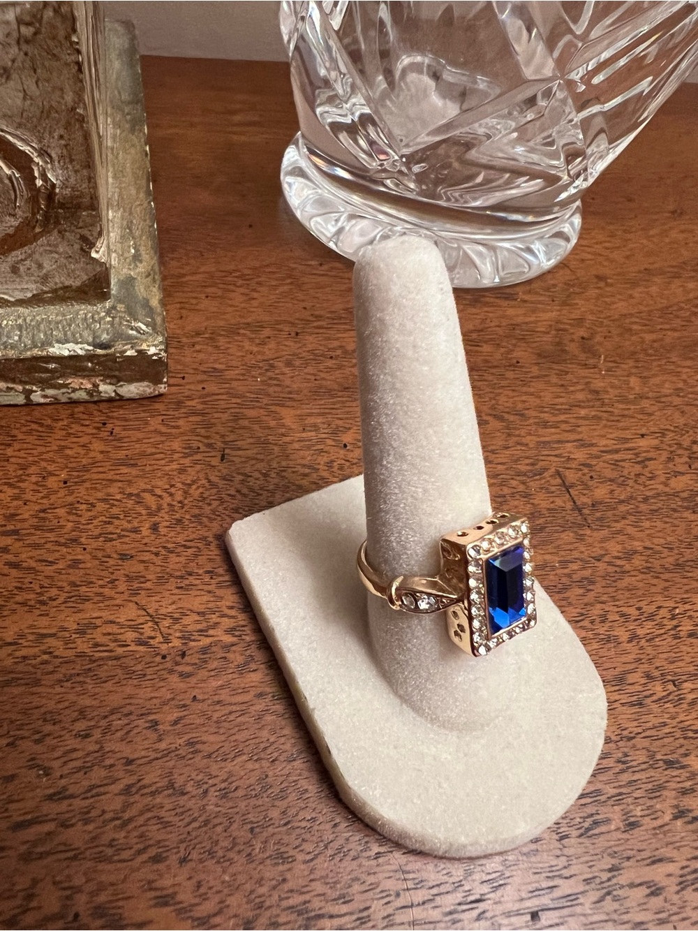 Blue Emerald-Cut Halo Ring with Gold Tone Band - Picture 3 of 6